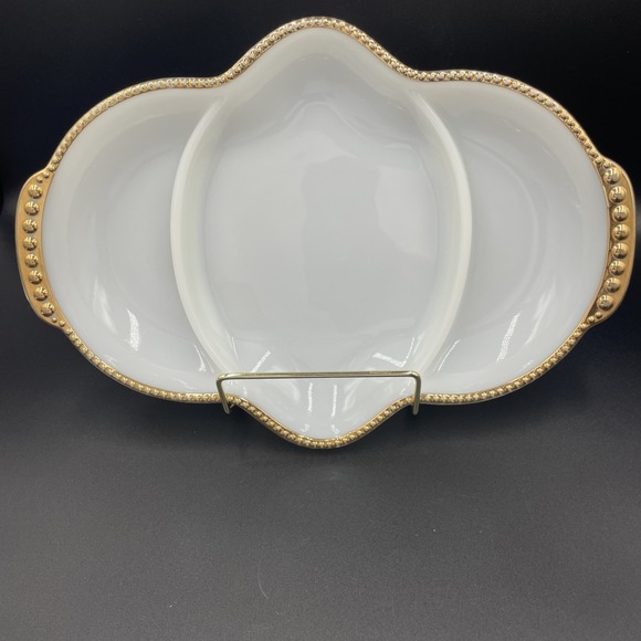Fire King Other - Vintage Fire King Milk Glass Divided Dish Cottage-MCM Gold Trim Oven Serve